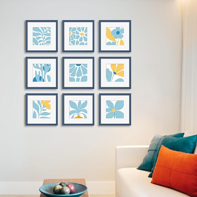 YESKAY 12x12 Picture Frame Set of 9, Photo Gallery Wall Frame Set, Display Pictures 8x8 with Mat or 12 x 12 Without Mat, Square Frame Picture Frames Collage Wall Decor, Blue