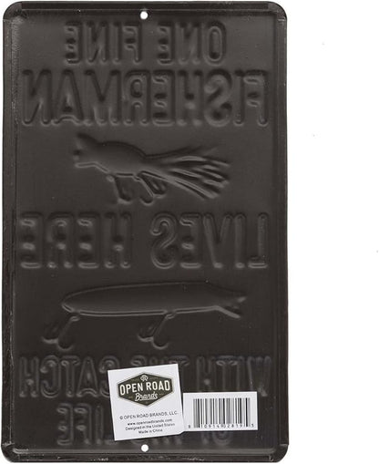 Fisherman With the Catch of His Life Embossed Metal Sign - Funny Fishing Wall Art for Garage, Lake House or Man Cave