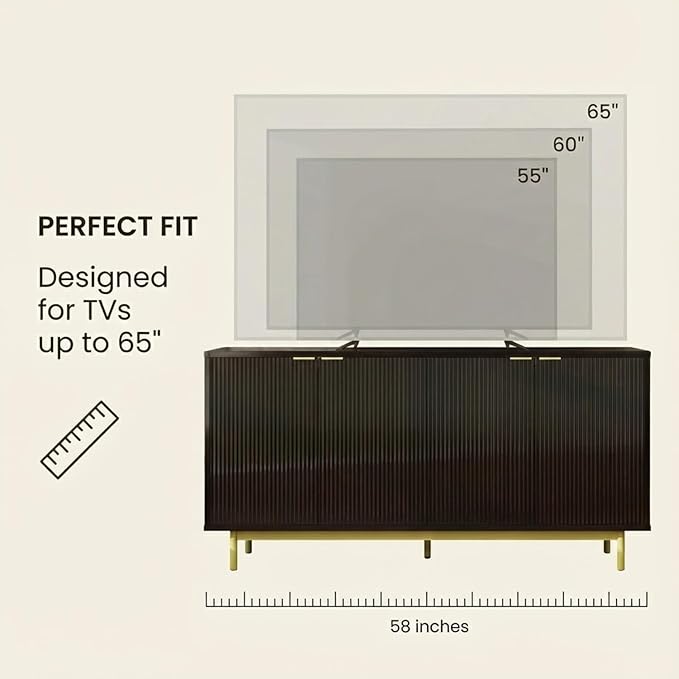 Vipbear 58 Inch Black TV Stand for 65 Inch TV, Modern Fluted Media Console Table with 4 Doors, Large Entertainment Center with Storage, Black Sideboard Buffet Cabinet for Dining Room and Living Room