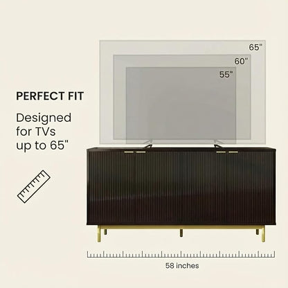 Vipbear 58 Inch Black TV Stand for 65 Inch TV, Modern Fluted Media Console Table with 4 Doors, Large Entertainment Center with Storage, Black Sideboard Buffet Cabinet for Dining Room and Living Room