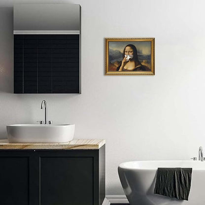 YD&YZY Gold Framed Funny Bathroom Wall Art Mona Lisa Humor Amusing Toilet Art Pinching Nose Wall Decor Vintage Unique Art Painting Picture Print Whimsical Artwork Bathroom Restroom 12x16 inch Framed