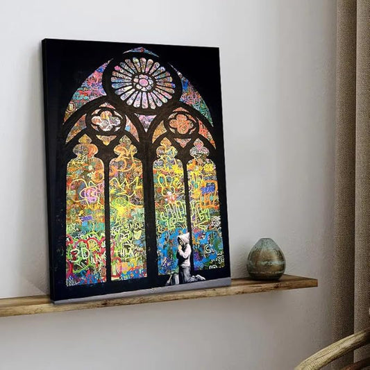 Stained Glass Church Graffiti Wall Art Praying Boy In Cathedral Canvas Picture Art Print Poster and Print Wall Decor for Living Room Modern Home Decor Framed Easy to Hang(12''W x 16''H)