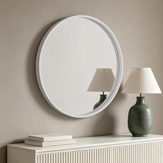 HOMECOOKIN Round Wood Mirror 28 inch Circle Mirror, Rustic Farmhouse Wooden Framed Decorative Wall Decor, Vanity Wall Mirror for Bathroom, Bedroom, Entryway, Living Room (White)