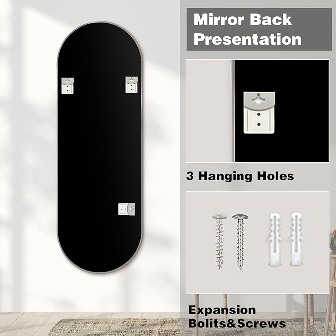 Niccy 65"×22" Oval Full Length Mirrors, Long Wall-Mounted Mirror with Aluminum Frame, Large Body Mirrors for Living Room, Explosion-Proof Hanging Wall Mirror for Bathroom Bedroom Entryway, Silver