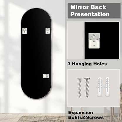 Niccy 65"×22" Oval Full Length Mirrors, Long Wall-Mounted Mirror with Aluminum Frame, Large Body Mirrors for Living Room, Explosion-Proof Hanging Wall Mirror for Bathroom Bedroom Entryway, Silver