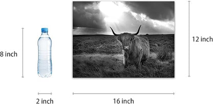 Black and White Highland Cow Wall Art Decor Prints Poster Animal Picture Framed Highland Cow Artwork Framed for Living room Bedroom (12x16 inch)