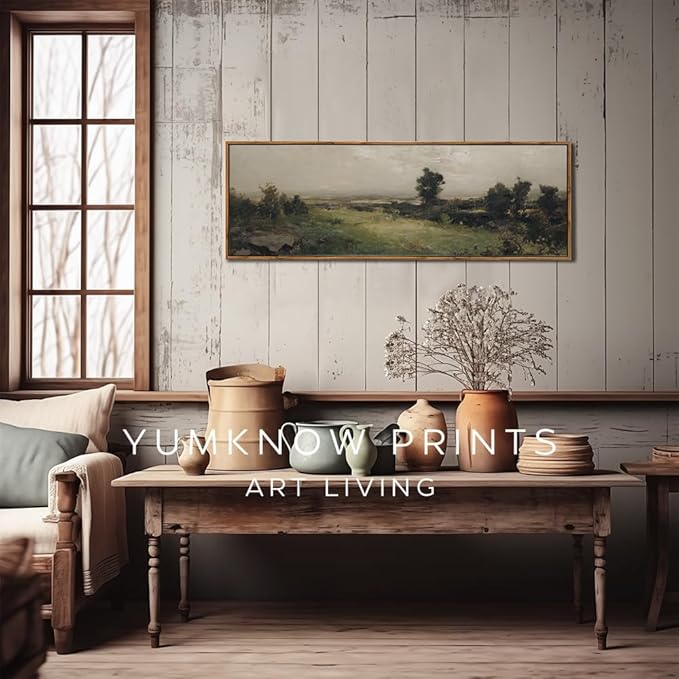 Framed Canvas Wall Art for Bedroom - Long Horizontal 13.5x40" Above the Bed - Vintage Farmhouse French Country Room Decor - Green Trees Mountain Landscape - Cottagecore Aesthetic Living Room Plant
