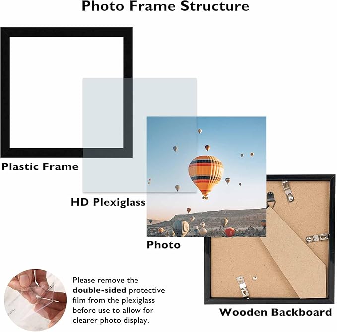 7x7 Picture Frame Set of 6 Black for Wall Hanging or Tabletop, Wall Mounting Horizontally or Vertically, 7 x 7 Square Wall Gallery Poster Photo Frame with Shatter Resistant Plexiglass, 6 Pack, Black