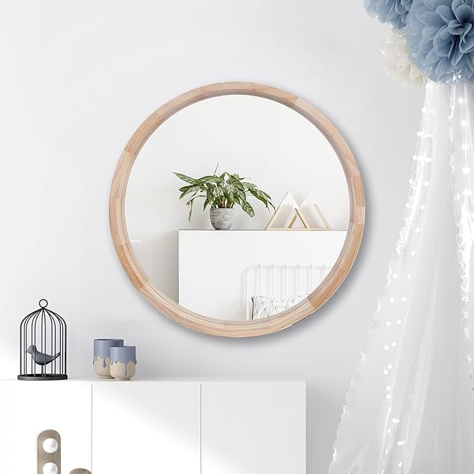 CONGUILIAO 24Inches Round Mirror Wood Wall Mirrors Decorative Circle Mirror, Nature Big Bathroom Large Vanity Mirrors for Living Room Bedroom Entryway Farmhouse