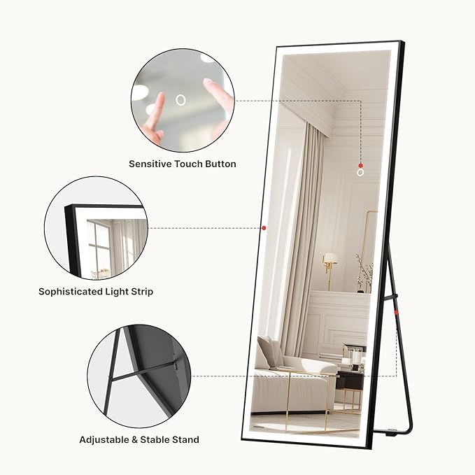 Kosmonia 56×18 LED Full Length Mirror with Lights - Wall Mounted Vertical Vanity Mirror for Bedroom & Bathroom, Full Body Backlit, Adjustable Brightness, Tempered Glass