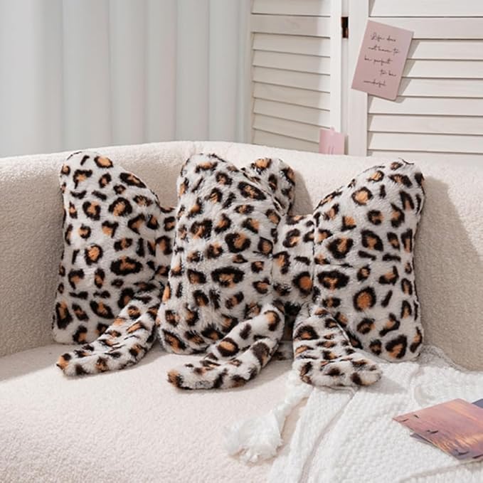 Leopard Print Throw Pillow Furry Bow Plush Pillows Cute Flower Plush Pillow Cheetah Home Decor Stuffed Bow Lumbar Pillow for Bed Couch Living Room Decor (White-B, 16in)