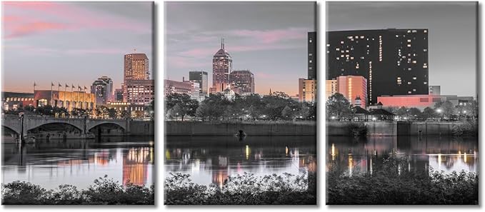 TUMOVO Wall Decor Indianapolis Indiana Skyline Wall Art White River at Dusk City Skyline Wall Decor for Living Room 3 Piece Contemporary Home Decor Framed Ready to Hang (36" Wx16 H)