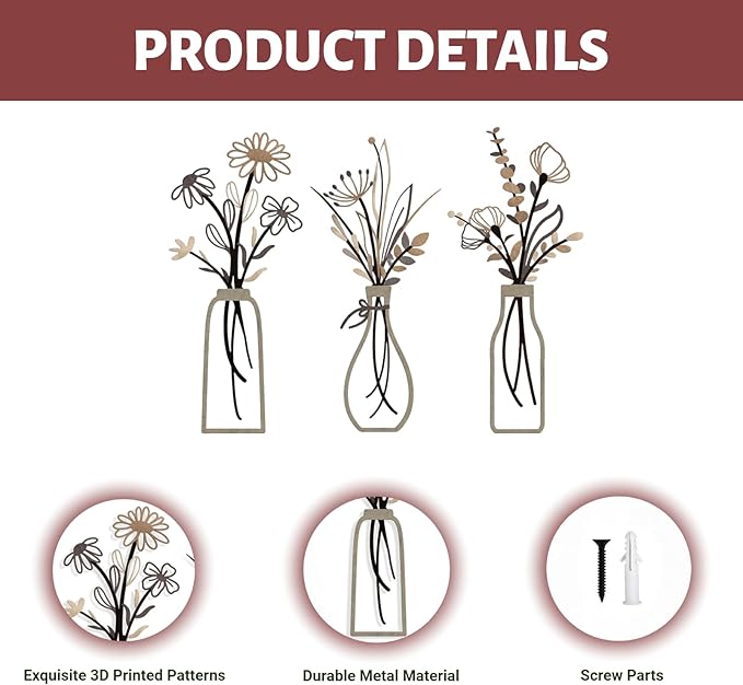RISCORIO 3 Pieces Flower Wall Decor Minimalist Wall Art, Metal Flowers Wall Arts for Dining Room, Living Room, Bedroom, Bathroom, Kitchen, Rustic Farmhouse Decor, Brown