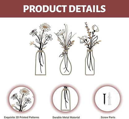 RISCORIO 3 Pieces Flower Wall Decor Minimalist Wall Art, Metal Flowers Wall Arts for Dining Room, Living Room, Bedroom, Bathroom, Kitchen, Rustic Farmhouse Decor, Brown