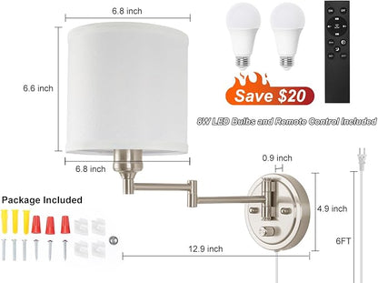 Plug in Wall Sconces with Remote Control, Dimming & Adjustable Colors 2700K-6500K, Hardwire or Plug-in, Swing Arm Wall Lamp with White Fabric Shade, Wall Sconces Set of Two, Brushed Nickel Finish