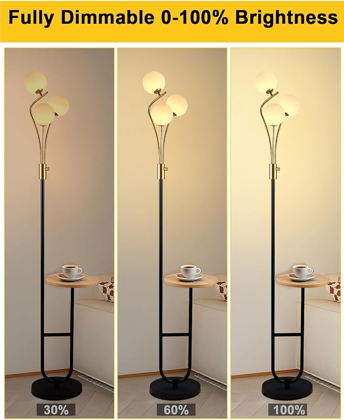 Lightdot Dimmable Gold &Black Floor Lamp with Tray 65IN Mid Century Standing Lamps with Shelf, 3000K Warm White Bulbs Included, Modern Globe Floor Lamp for Living Room/Bedroom/Sofa Beside/Corner Decor