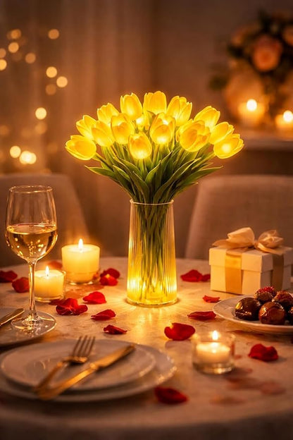 Radiant Romantic Tulip Light with a Vase, 15 PCS Twinkling Tree Tulips Led Night Light that Never Fade, Flower Shaped Ambient Night Lamp for Bedroom Bedside Decor & Gift (Mixed)