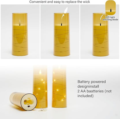 kakoya Flameless LED Candles with Timer 9 Pc Flickering Flameless Candles for Romantic Ambiance and Home Decoration Stable Acrylic Shell,with Embedded Star String，Battery Operated Candles（Gold）