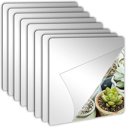 JUNEBRUSHS 8 Pack Self Adhesive Acrylic Mirror, 8 x 8 Inch Tiles,Flexible Plastic Mirror Sheets Wall Stickers,2MM Thick Frameless Small Mirror