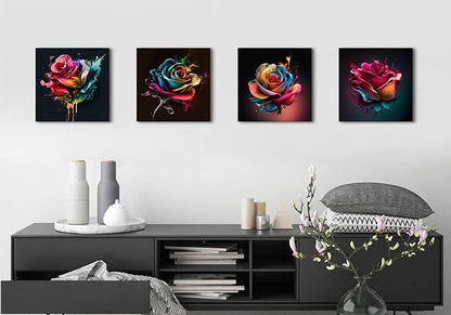 Colorful Rose Wall Art Abstract Graffiti Rainbow Flower Canvas Prints Pictures Bedroom Decor 12x12" 4 Pcs Modern Watercolor Black Background Paintings Artwork for Living Room Bathroom Home Decorations