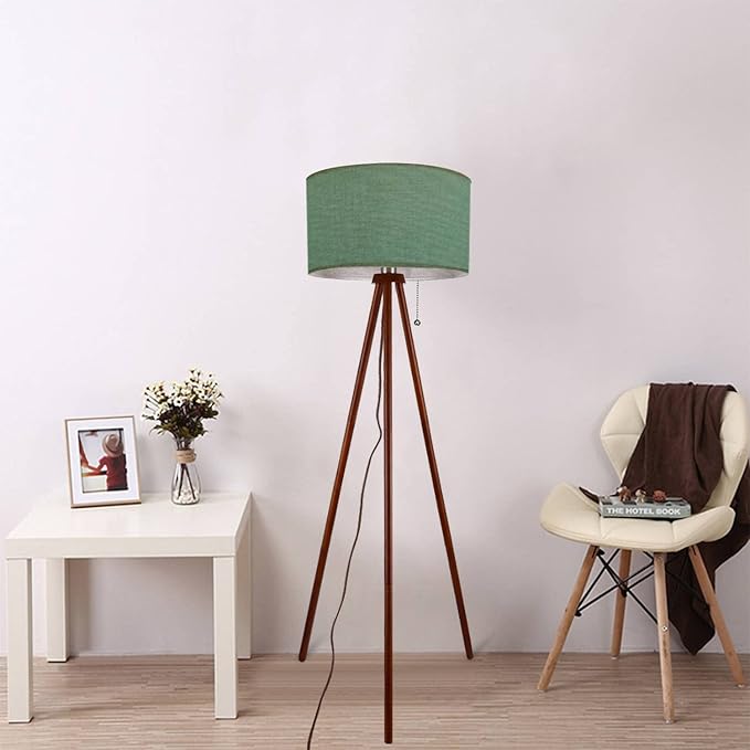 Wood Tripod Floor Lamp Dark sage Green Felt Texture Abstract Modern Standing Lamp Linen Lampshade Dimmable Tall Lamp Mid Century Floor Lamp for Living Room Bedroom