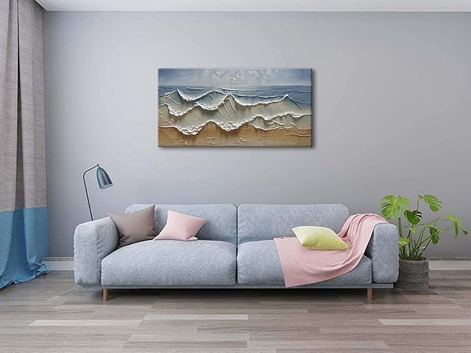 Slyart Abstract Blue Ocean Wave Wall Art, Textured Oil Painting on Canvas Relief Wall Art, 24" x 48" Abstract Modern Sea Artwork Wall, Neutral Wall Decor