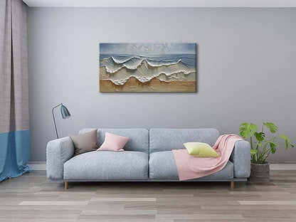 Slyart Abstract Blue Ocean Wave Wall Art, Textured Oil Painting on Canvas Relief Wall Art, 24" x 48" Abstract Modern Sea Artwork Wall, Neutral Wall Decor