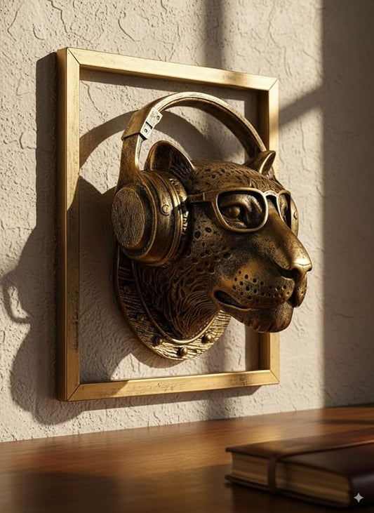 JJALIGHTS Exquisite Resin Animal Head Wall Sculpture (Gift Metal Frame) - Imitation Copper Vintage Decor for Living Room, Bedroom & Office | Decorative Wall Hanging Art (Leopard)