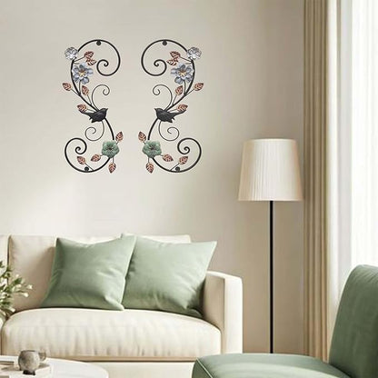 Birminwind 3D Metal Flower Wall Art: 2pcs Vintage Floral Wall Décor with Leaves Bird for Room - 15.16" Black and Gold Iron Decoration Indoor Outdoor