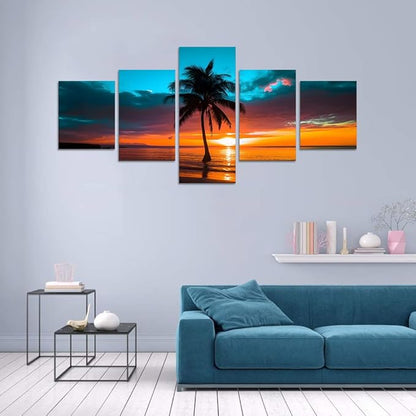 Yatsen Bridge 5 Panels Beach Wall Art for Living Room Sunset Palm Trees Landscape Pictures Canvas Prints Artwork Seascape Wall Decor Wooden Framed Ready to Hang - 50''W x 24''H