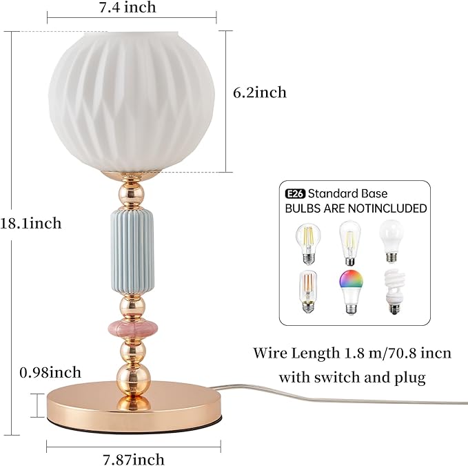 Modern Milk White Glass Table Lamp Bedside Nightstand Lamp Metal Desk Light with Plug Cord Switch for Bedroom Living Room Dining Room