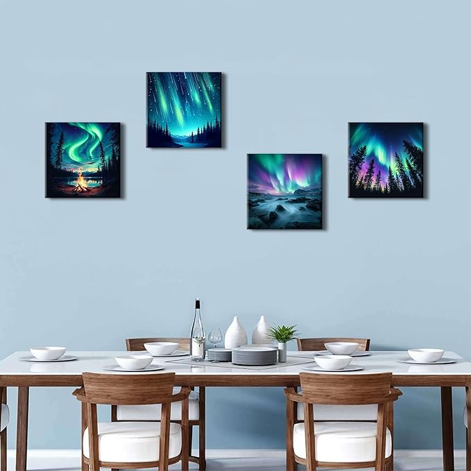 Northern Lights Wall Art Aurora Mountain Scenery Pictures Wall Decor Colorful Forest Landscape Canvas Prints Paintings Nature Aurora Borealis Posters Farmhouse Artwork Living Room Decoration 12x12”