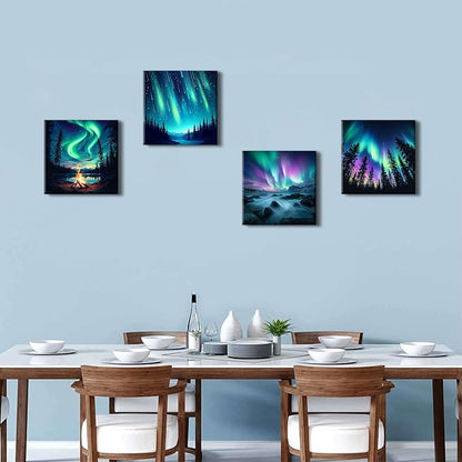 Northern Lights Wall Art Aurora Mountain Scenery Pictures Wall Decor Colorful Forest Landscape Canvas Prints Paintings Nature Aurora Borealis Posters Farmhouse Artwork Living Room Decoration 12x12”