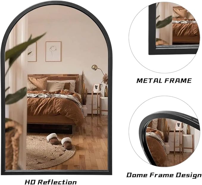 Wall Mounted Mirror, 38x24 Inch Black Bathroom Mirror, Arched Window Mirrors for Wall, Arched Top Mirror with Metal Frame, Vanity Mirror for Living Room or Bedroom