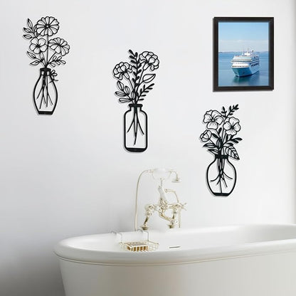 Lcaughsy Metal-Wall-Art Decoration - Metal Wall Decor Floral and Picture Frame For Living Room, 3 Pcs Hanging Wall Decor Art for Home Dining Room Bedroom Kitchen Farmhouse, Black
