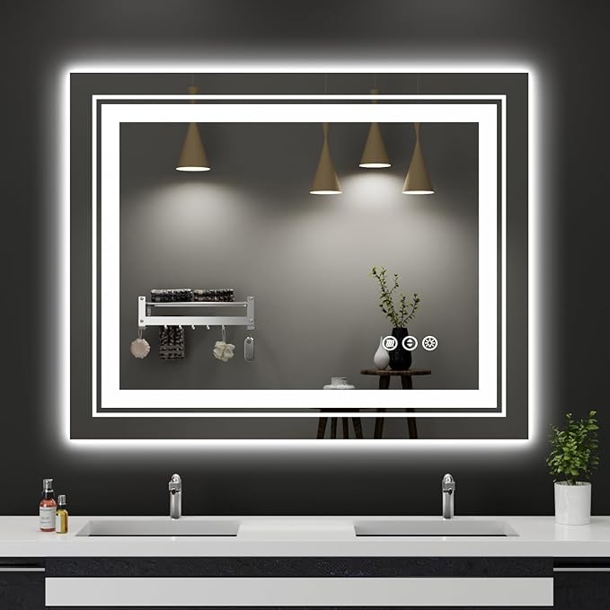 Snowdool 39x31 LED Bathroom Mirror with Front and Backlight, Dimmable Lighted Bathroom Vanity Mirror with Anti-Fog, Memory Function,Tempered Glass(Horizontal/Vertical)