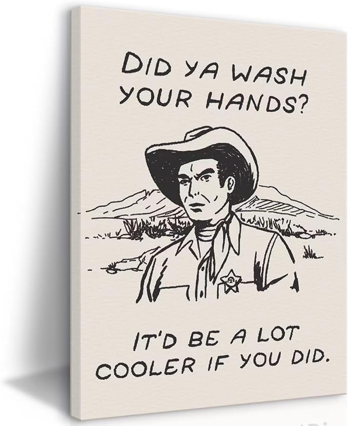 Framed Retro Black and White Cowboy Kitchen Wall Art Did You Wash Your Hands Canvas Prints Cute Bathroom Humor Pictures Trendy Decor Posters Paintings Western Home Wall Decor (12x16in Framed)