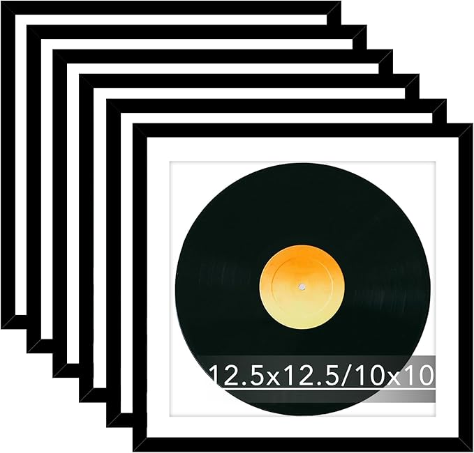 JCJMY 6 Pack 12.5x12.5 Record Frame with 10x10 Mat for Vinyl Record Album Cover Poster, Display Picture 10x10 with Mat or 12.5 x 12.5 Without Mat, Wall Hanging Vinyl Frames, 6 Pack, Black
