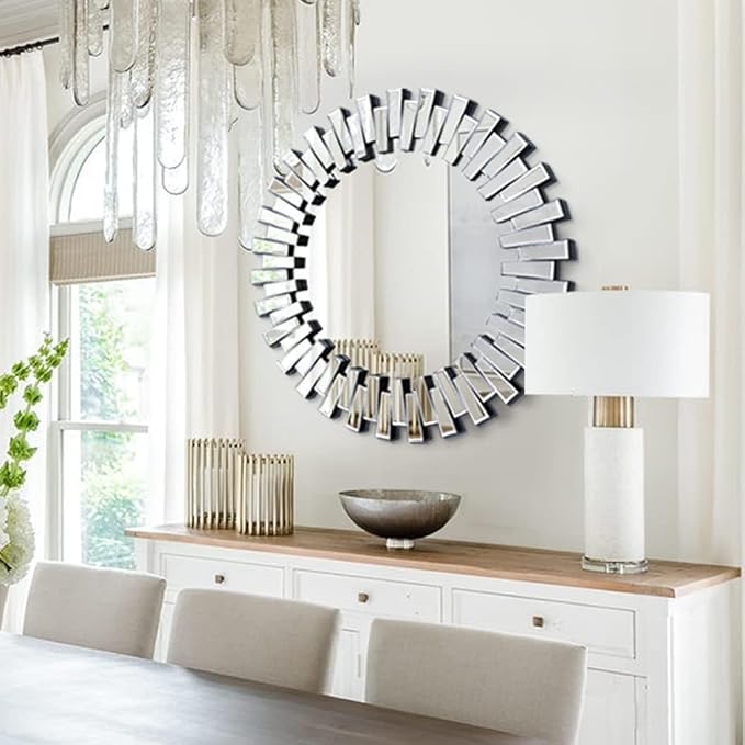 Chende Round Mirrors for Wall Decor, 32'' Large Living Room Mirror with Beveled Edge Glass Frame, Modern Decorative Mirror for Entryway, Dining Room, Bathroom