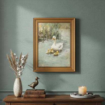 Vintage Gold Framed Canvas Wall Art, Ducks Poster Artwork, Country Animal Print Picture, Farmhouse Nature Pond Painting Wall Decor, for Living Room, Bedroom, Home Decoration, 12x16in