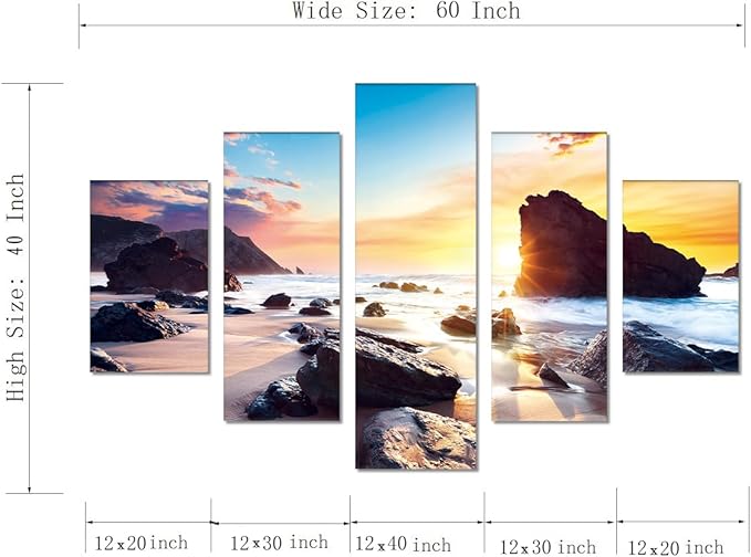 Sunset Beach Rocks Landscape Wall Art Set Sea Scene Picture Modern Painting on Canvas Framed Wall Artwork for Living Room Bedroom Kitchen Home Decor Giclee Print Ready to Hang-60''W x 40''H