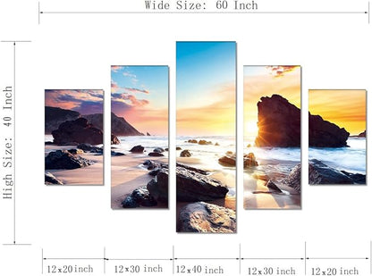 Sunset Beach Rocks Landscape Wall Art Set Sea Scene Picture Modern Painting on Canvas Framed Wall Artwork for Living Room Bedroom Kitchen Home Decor Giclee Print Ready to Hang-60''W x 40''H