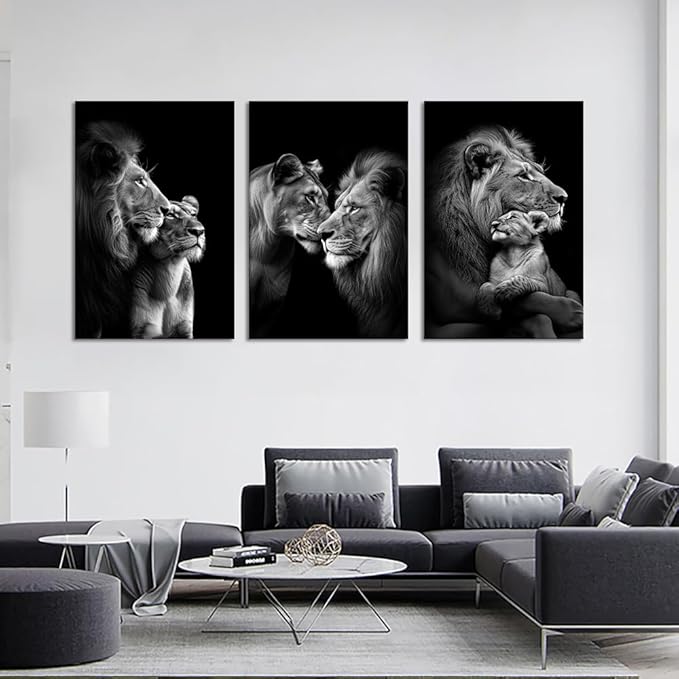 Black and White Lion Wall Art for Living Room Decor 3 Panels Wild Animals Pictures Wall Decor Modern Lion and Lioness Posters Prints Artwork, Framed 24" W x 36" H x 3pcs