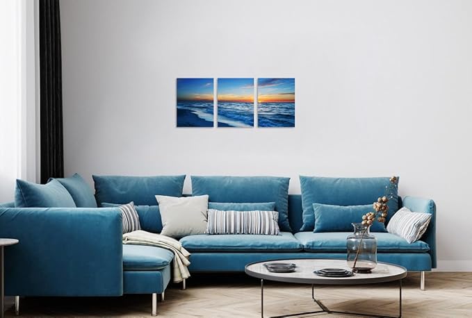 TutuBeer 3 Panels Beach Pictures Wall Art Beach Canvas Wall Art Blue Ocean at Sunrise Picture Print on Canvas Sea Artwork for Walls Seascape Pictures for Home Decor Ready to Hang 12x24inchx3
