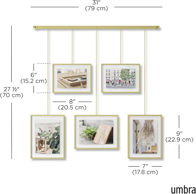 Umbra Exhibit Picture Frame Gallery Set, Adjustable Wall Collage Displays Five Photos (Two 4x6" and Three 5x7"), Set of 5, Gold