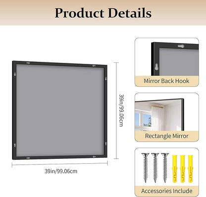 COFENY Black Bathroom Mirror for Wall, 39x39 Inch Rectangle Mirror with Metal Frame, Square Modern Vanity Mirrors for Bathroom Living Room, Entryway Hangs Horizontal or Vertical