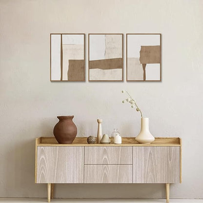 myusuar 3 Piece Large Modern Abstract Canvas Framed Wall Art For Living Room, Brown And Beige Block Minimalist Wall Art Decor Posters Prints For Bedroom Office, 12x16in