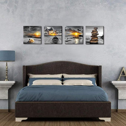 Bamdeya Black and White Gold Wall Decor Sea Sunset Beach Wall Art Seascape Zen Painting Sunrise Picture Ocean Canvas Print for Living Room Bedroom Bathroom Home Wall Decoration Framed Art