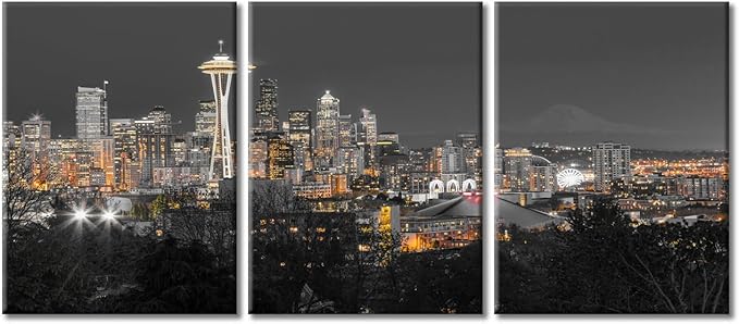 TUMOVO 3 Piece Wall Decor Seattle Downtown Skyline Wall Art Mt. Rainier at Night Washington Wall Decor for Living Room Skyscrapers Pictures Contemporary Home Decor Framed Ready to Hang (36" Wx16 H)