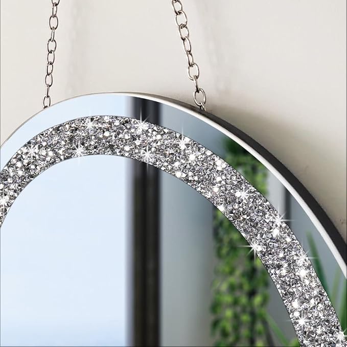 QMDECOR Crystal Crush Diamond Silver Mirror 2 Pack Diameter 12inch Round Shape with Iron Chain Real Glass Mirror for Wall Decor